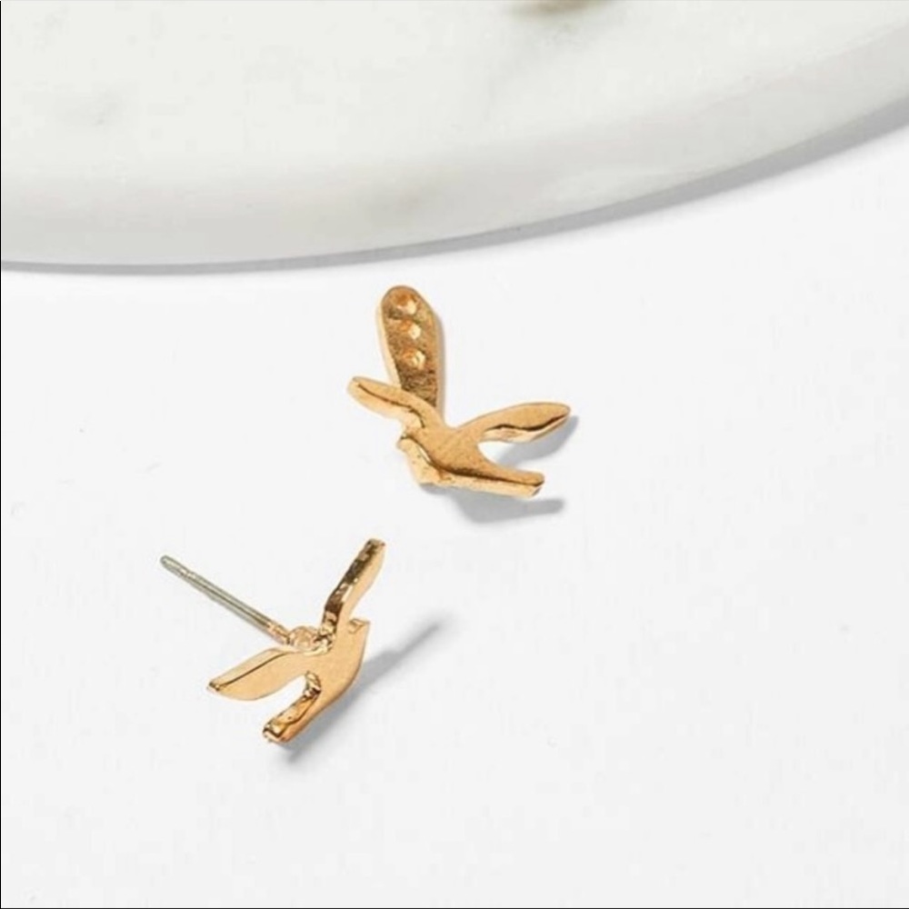 GOLD DOUBLE SPARROW BIRD JACKET STUD EARRINGS - Picture 4 of 4